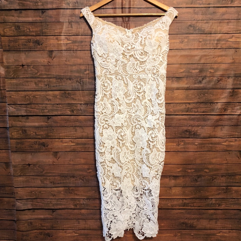 MISSGUIDED WHITE LACE CROCHET OFF SHOULDER DRESS